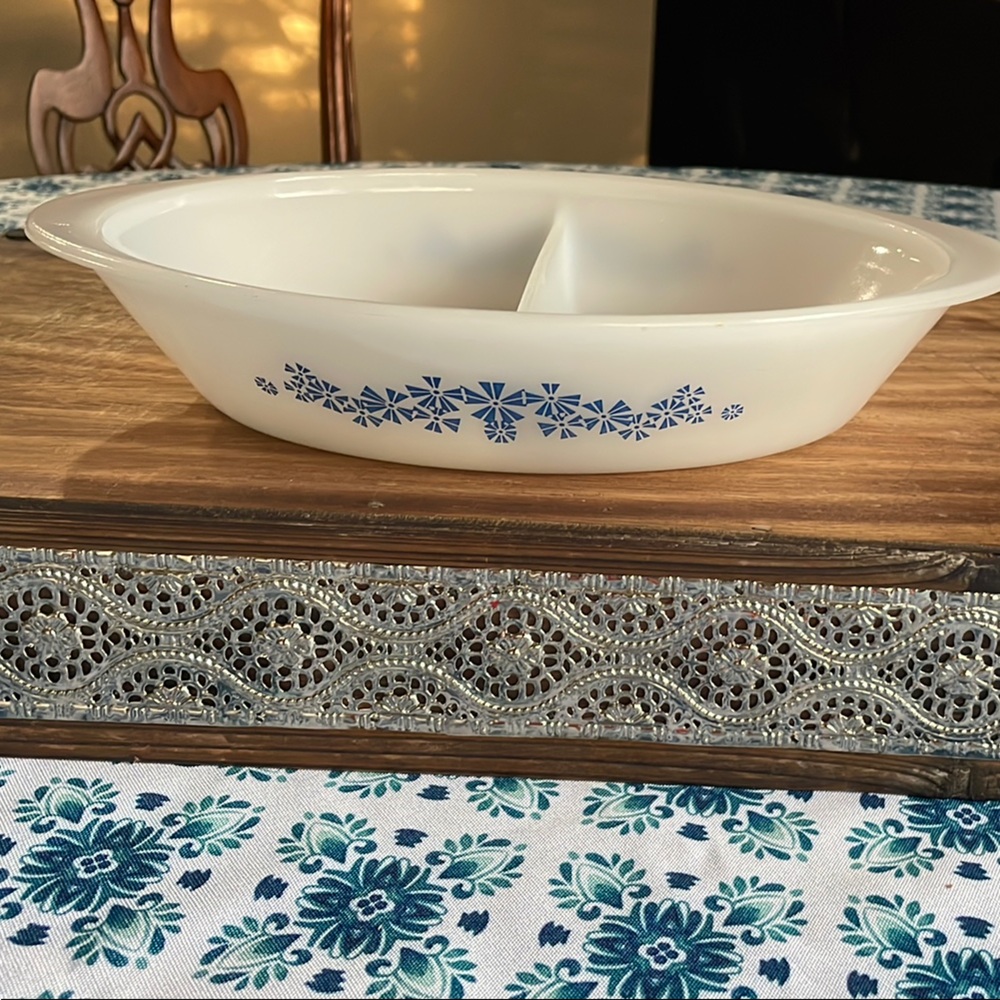 Vintage GlassBake Made in USA White Milk Glass with Blue Pinwheel Divided Baker
